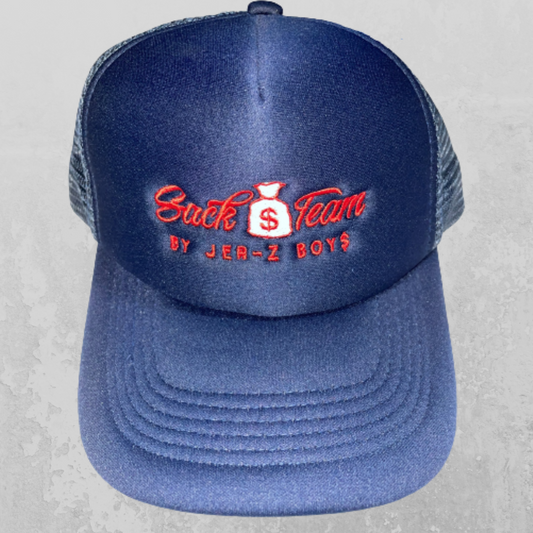 Navy Blue Trucker Hat With Red Logo