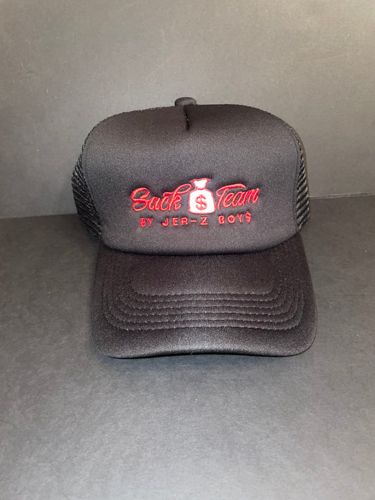 Black trucker hat with red embroidered logo