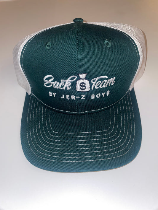 Forest green trucker hat with white embroidered logo