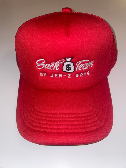 Red trucker hat with white embroidered logo