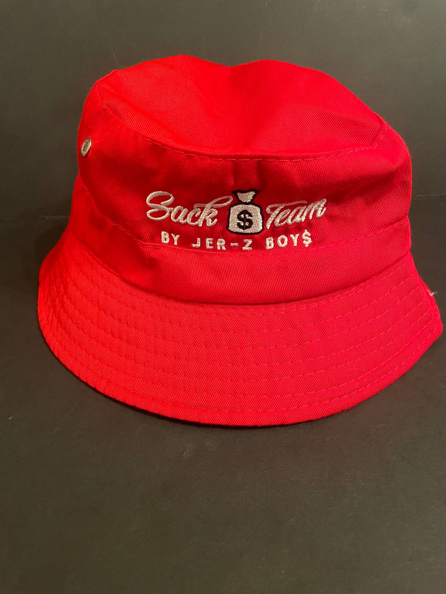 Red bucket Hat with white embroidered logo