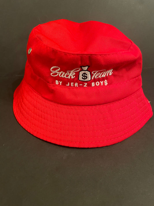 Red bucket Hat with white embroidered logo