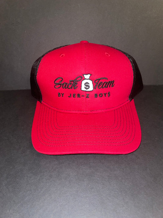 Red/black trucker with black embroidered logo